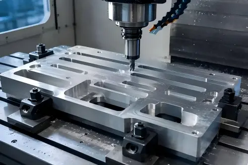 CNC slot milling of a custom metal part showing cutout features, grooves, and machined openings.