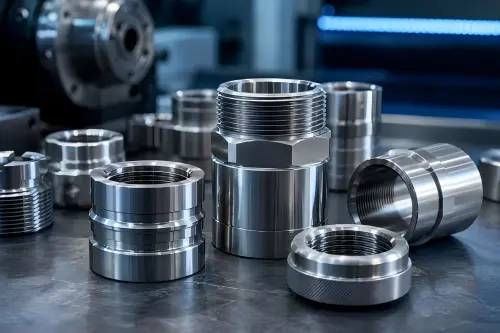 Precision CNC turned threaded metal components with machined grooves and cylindrical features for custom production.