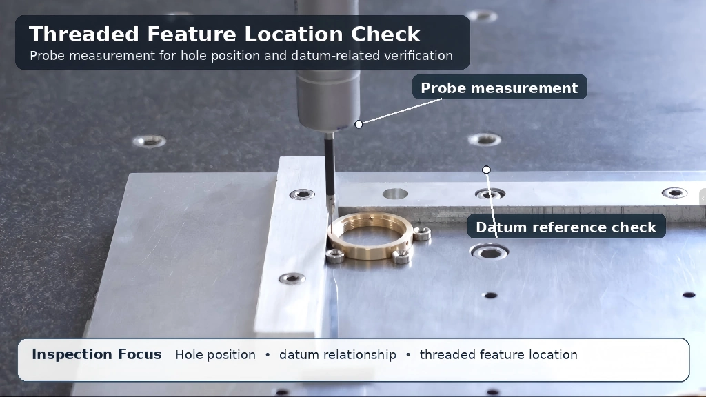 Probe measurement of a CNC machined part for hole position, datum relationship, and threaded feature location verification.