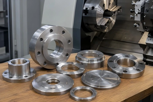 CNC turned flanges, discs, rings, and collar components with bores, bolt holes, and circular machined surfaces.