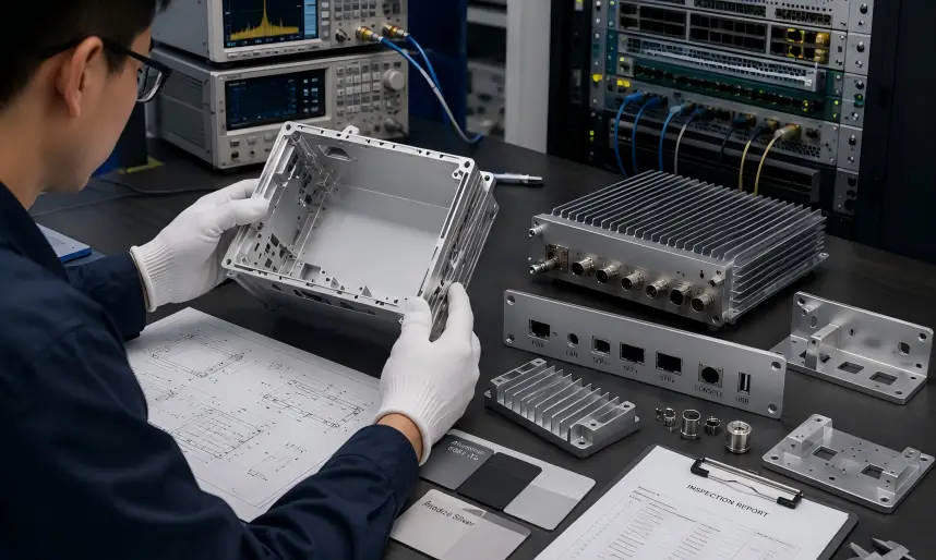 Manufacturing support for communications equipment components with aluminum enclosure review, front panel connector layout, heat sink housing, material samples, inspection report, and RF test equipment background.