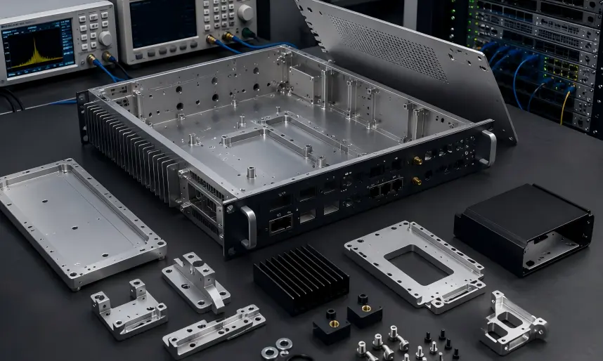 Communications equipment housings and structural parts including aluminum enclosures, machined panels, mounting plates, structural brackets, protective covers, adapter parts, connector openings, and heat sinks.