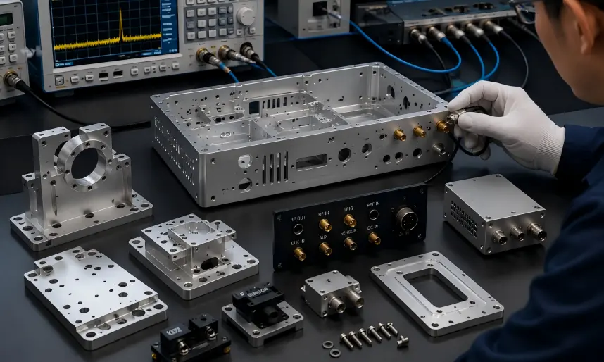 Communications testing equipment components including instrument housings, RF test fixtures, mounting components, adapter plates, sensor mounts, connector housings, custom panels, and coaxial connector interfaces.