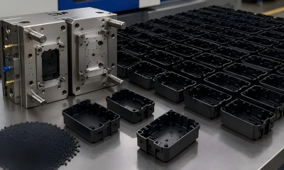 Cost-efficient repeat injection molding production with mold tooling, plastic resin, and consistent black molded housings.