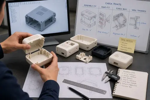 Design-validation prototype review showing plastic prototype housings, assembly fit check, snap-fit features, screw boss alignment, drawings, and CAD model review.