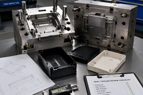Injection mold tooling review for electronic enclosure plastic housings with mold inserts, T1 samples, drawings, and DFM checklist.
