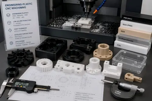 Engineering-plastic CNC machined parts including POM, nylon, PEEK, and clear plastic components for low-volume production, fixtures, housings, bushings, and functional testing.