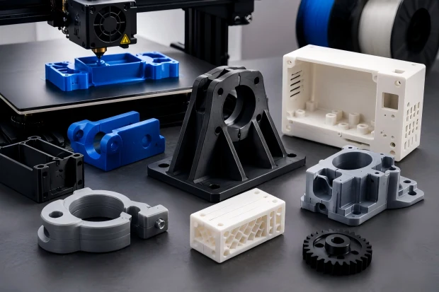 具有可见层线的 FDM 3D 打印功能原型零件, 外壳, 括号, 固定装置, 和测试组件以进行设计验证.