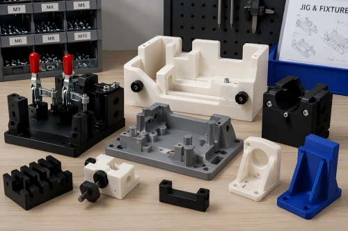 FDM 3D 打印夹具, 固定装置, 定位辅助工具, 括号, 以及具有可见层线和夹紧特征的功能测试部件.