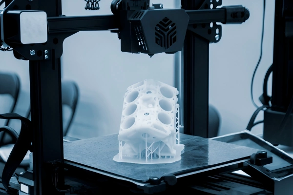 FDM 3D printing process showing a desktop 3D printer producing a white prototype part for concept validation and low-volume production.