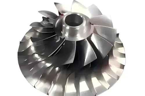 Five-axis CNC machined impeller component with complex curved blades for precision multi-surface machining applications.