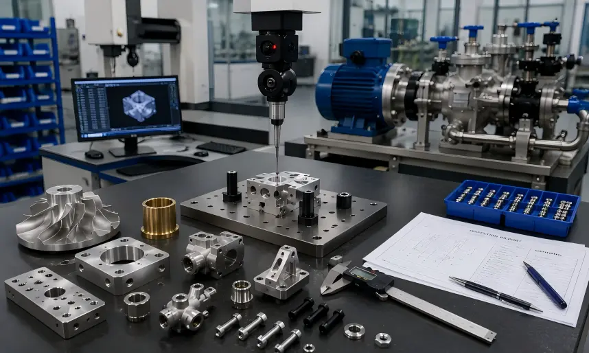 Manufacturing support for industrial equipment components with CMM inspection, pump components, impellers, bushings, mounting plates, fixtures, adapter parts, fasteners, connectors, and precision-machined parts.