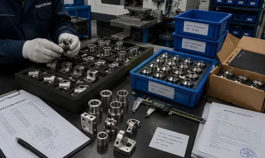 Low-volume and repeat production support for industrial equipment components with replacement parts, bushings, sleeves, adapter blocks, mounting brackets, batch inspection, packaging preparation, and delivery planning.
