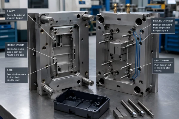 Injection mold tooling detail showing runner system, gate, cooling channels, ejector pins, cavity structure, and molded plastic sample.