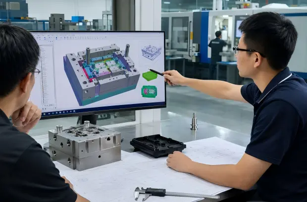 Engineers reviewing injection mold tooling design, DFM risks, mold structure, and T1 sample planning for custom plastic parts.