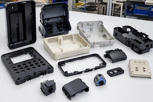 Injection molded electronic and communication equipment housings with covers, connector openings, mounting posts, clips, and ventilation features.