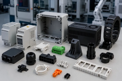 Injection molded industrial and automation plastic components including equipment housings, connectors, brackets, cable carriers, guards, and mounting parts.