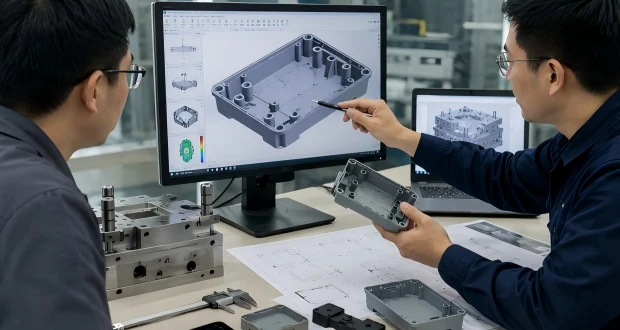 Engineers reviewing injection molded part design, tooling layout, and material selection for DFM and production planning.