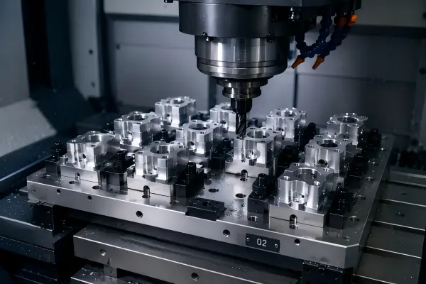 Low-volume CNC batch machining setup with multiple aluminum parts held in fixtures for repeatable milling, stable positioning, and consistent features.