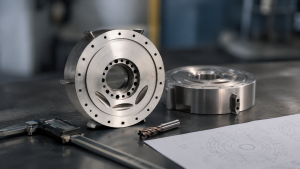 CNC machined stainless-steel components with cutting tools, calipers, and engineering drawings prepared for machining-risk review.