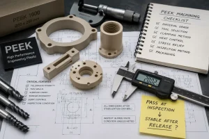 PEEK CNC machined parts with calipers, 切削工具, 工程图纸, and inspection notes for tolerance drift review.