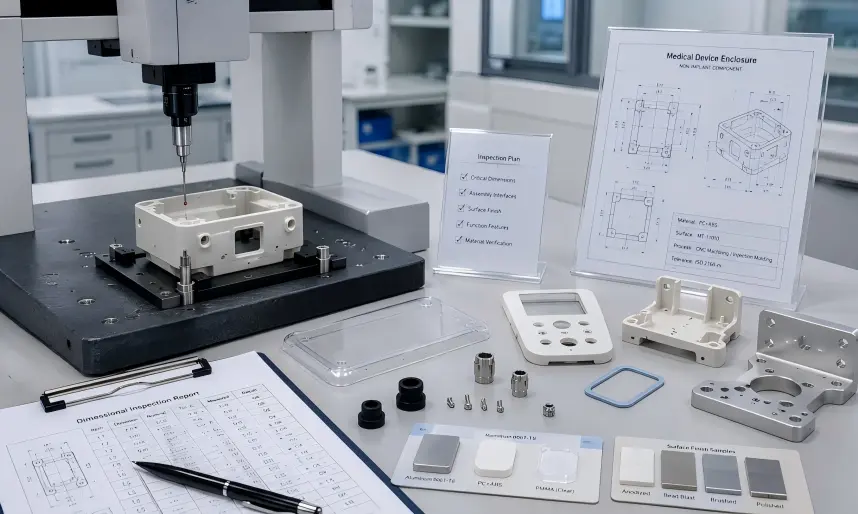 Manufacturing support for medical equipment components with CMM inspection, non-implant instrument housings, PMMA covers, aluminum mounting brackets, panels, fixtures, adapters, and precision components.
