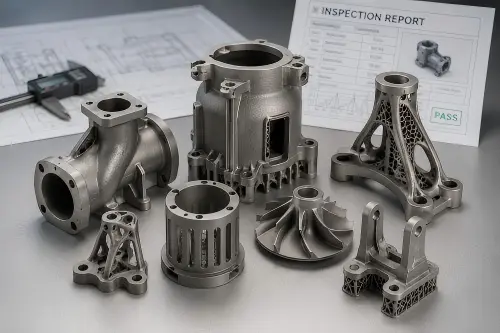 Metal 3D printed equipment prototypes and functional parts with lattice structures, complex housings, brackets, impeller parts, drawings, and inspection review.