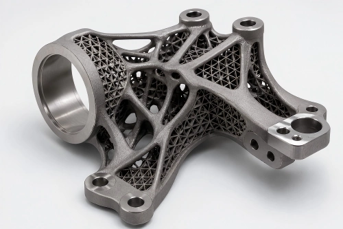Metal 3D printed lightweight lattice component with topology-optimized geometry, mounting holes, machined interfaces, and complex structural features.