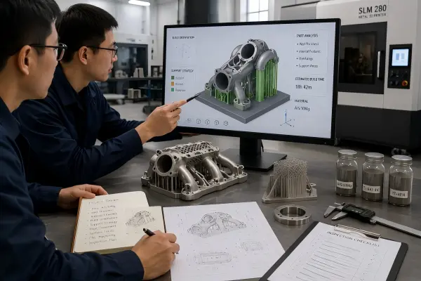 Engineers reviewing metal 3D printing build orientation, support strategy, alloy requirements, internal features, post-processing, and inspection planning.