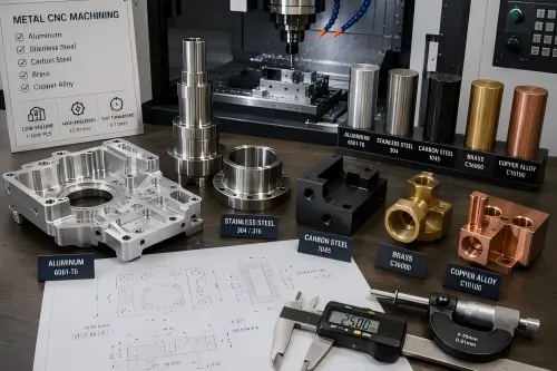 Metal CNC machining for low-volume parts with aluminum, stainless steel, carbon steel, brass, and copper alloy components, material samples, drawings, and machined features.
