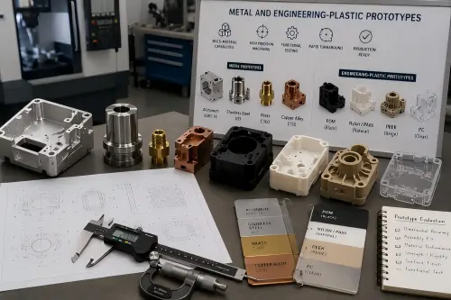 Metal and engineering-plastic prototype parts including aluminum, stainless steel, brass, copper, POM, nylon, PEEK, and clear plastic samples for functional testing.