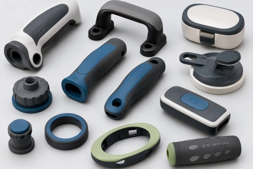 Overmolded consumer and household plastic parts including soft-touch handles, buttons, grips, protective edges, caps, and sealing rings.