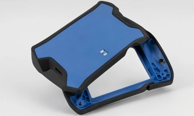 Overmolded device housing with soft rubber protective edges, contrasting color surfaces, reinforced corners, and grip features for improved user experience.