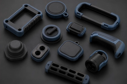 Overmolded protective covers and packaging-related plastic parts with soft rubber sealing edges, protective bumpers, rigid substrates, and molded cover features.