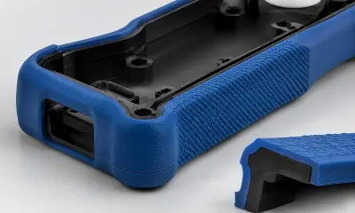 Close-up of an overmolded plastic grip showing soft TPE or TPU texture, sealing edges, and protective overmold layers.