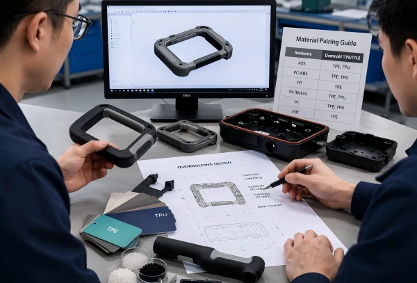 Engineers reviewing overmolding DFM, material pairing, plastic substrate design, and soft TPE or TPU overmold layer for production planning.