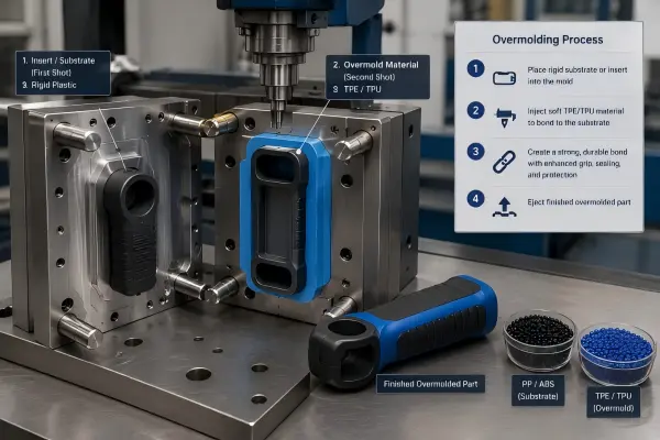 Overmolding process showing a rigid plastic substrate inside the mold and soft TPE or TPU material forming the overmold layer for grip, sealing, and protection.
