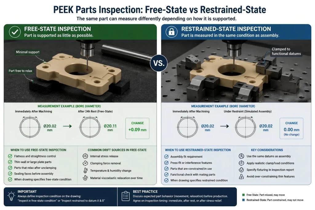 Inspection comparison of PEEK machined parts measured in free-state and restrained-state conditions for tolerance stability review.