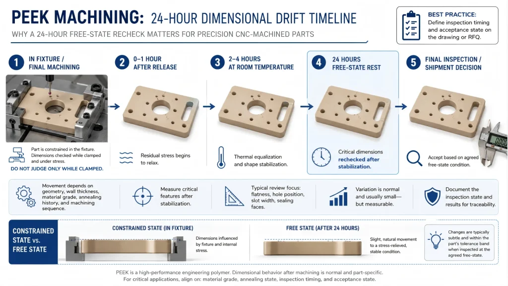 Timeline showing how PEEK machined parts can change after clamping, roughing, unclamping, resting, 去毛刺, 检查, and shipment.