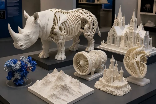Plastic 3D printed education and demonstration models including anatomical structures, architectural models, turbine parts, terrain models, and complex geometry displays.