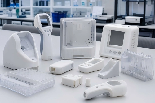 Plastic 3D printed medical-device equipment models including non-implant diagnostic housings, handheld prototypes, lab equipment enclosures, and transparent parts.