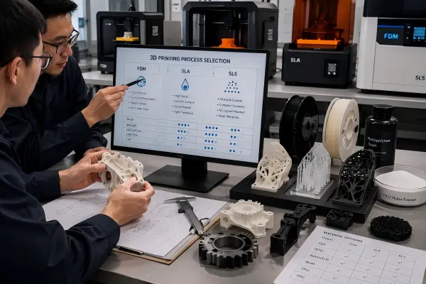 Engineers reviewing plastic 3D printing process selection with FDM, SLA, and SLS sample parts, CAD model, materials, and inspection tools.