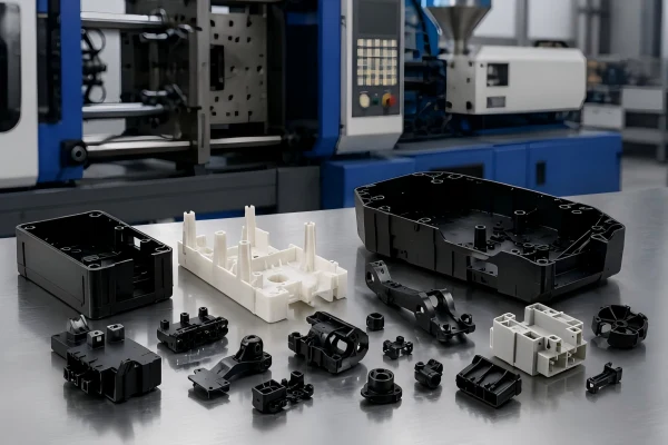 Plastic injection molded parts including housings, connectors, brackets, and structural components with an injection molding machine in the background.