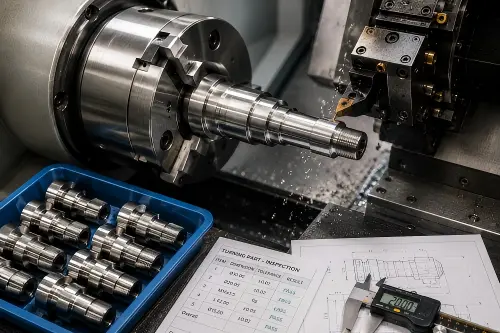 Precision CNC turning for small-batch parts showing a lathe machining threaded shafts, repeated turned components, drawings, inspection sheet, and dimensional review.