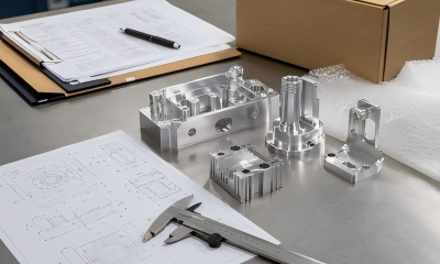 Precision machined parts with engineering drawings, caliper, paperwork, and packaging materials for fast quotation and delivery planning.