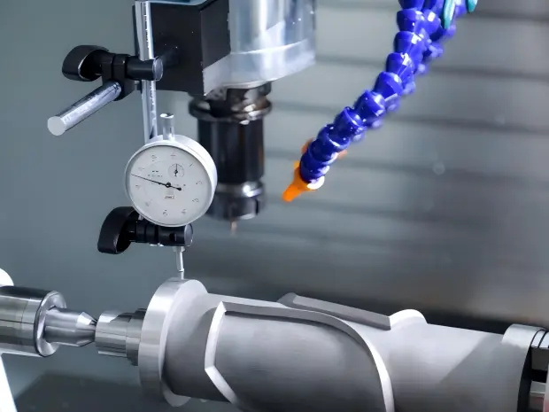Dial indicator inspection of a precision-machined shaft component for dimensional control.