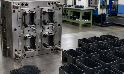 Injection mold tooling with multi-cavity mold, black plastic resin, and consistent molded housings for predictable long-term production costs.