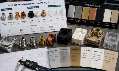 Prototype material and process selection with aluminum, stainless steel, brass, copper, engineering plastics, 3D printed samples, material cards, drawings, and inspection tools.