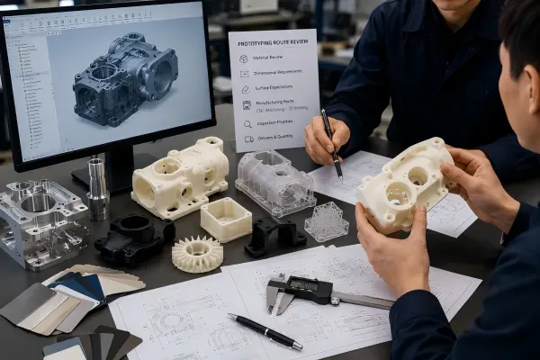 Engineers reviewing rapid prototyping routes with CNC metal parts, plastic 3D printed samples, CAD model, drawings, materials, and inspection tools.