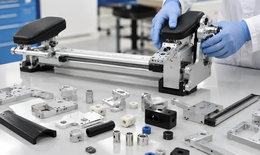 Rehabilitation equipment components including adjustable rails, sliding mechanisms, mounting plates, structural brackets, handle components, bushings, sleeves, protective covers, adapter parts, fixtures, and precision-machined parts.